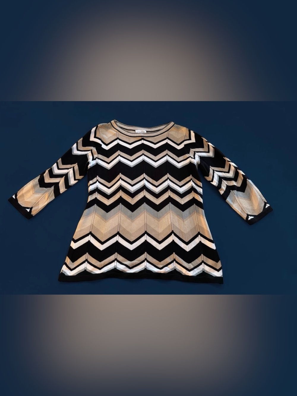 NWOT Susan Graver Chevron Knit Top in Black, White & Tan 3/4 Sleeves